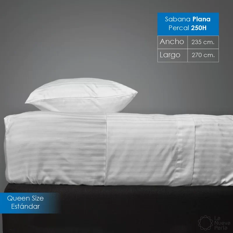 Sábana Queen Size Altura Normal Satín Rayas 250 hilos – 2.35 X 2.70 m Blanco (50% Poliéster, 50% Algodón)
