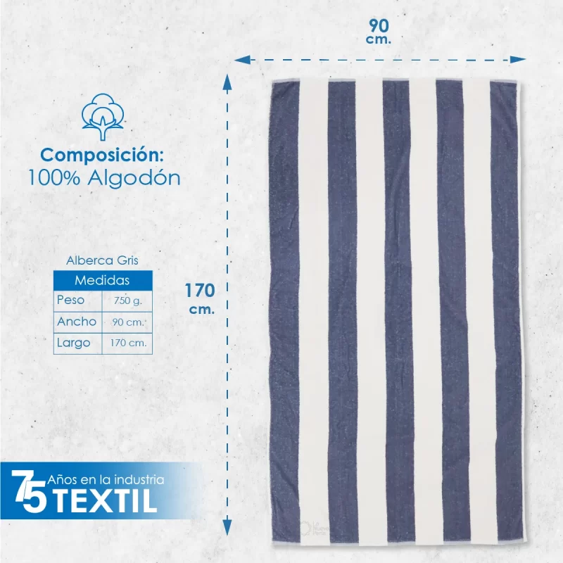 Toalla Alberca Rayas Gris 765 g 90 x 170 cm