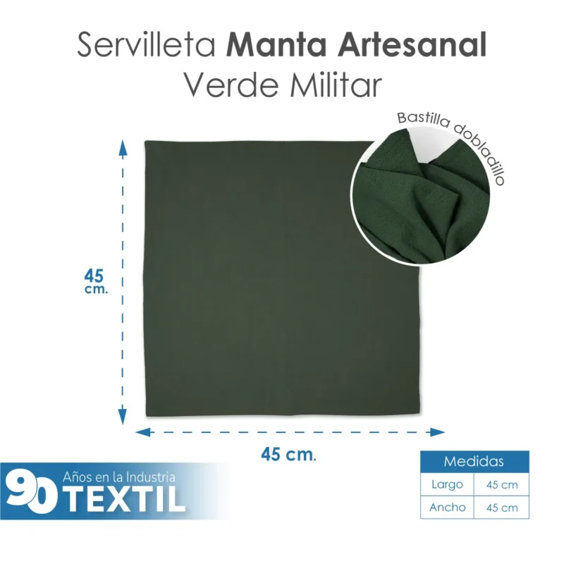 Servilleta Manta Artesanal 100% algodón 45x45 cm Verde Militar