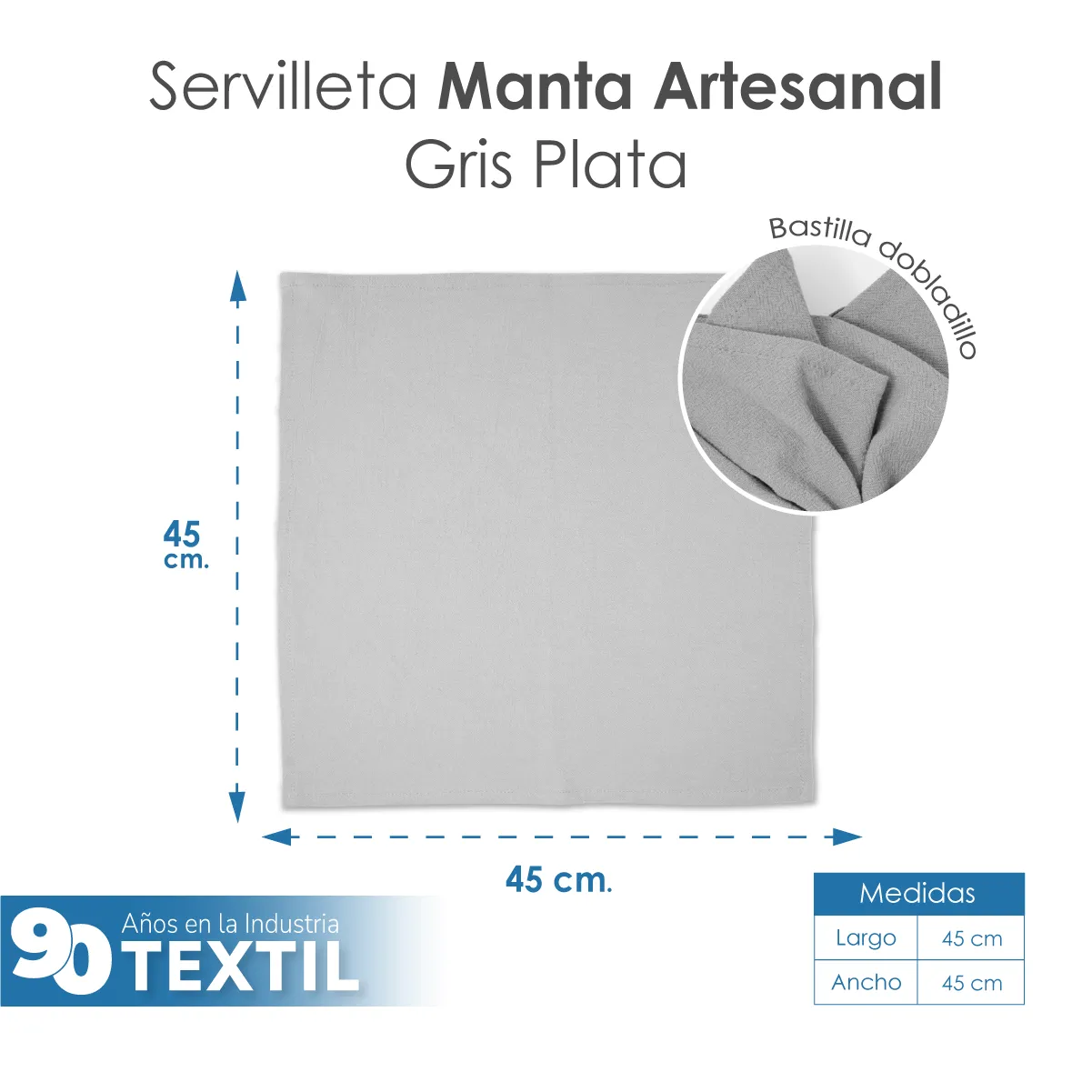 Servilleta Manta Artesanal 100% algodón 45x45 cm Plata: imagen 2