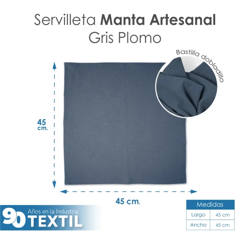 Servilleta Manta Artesanal 100% algodón 45x45 cm Gris Plomo