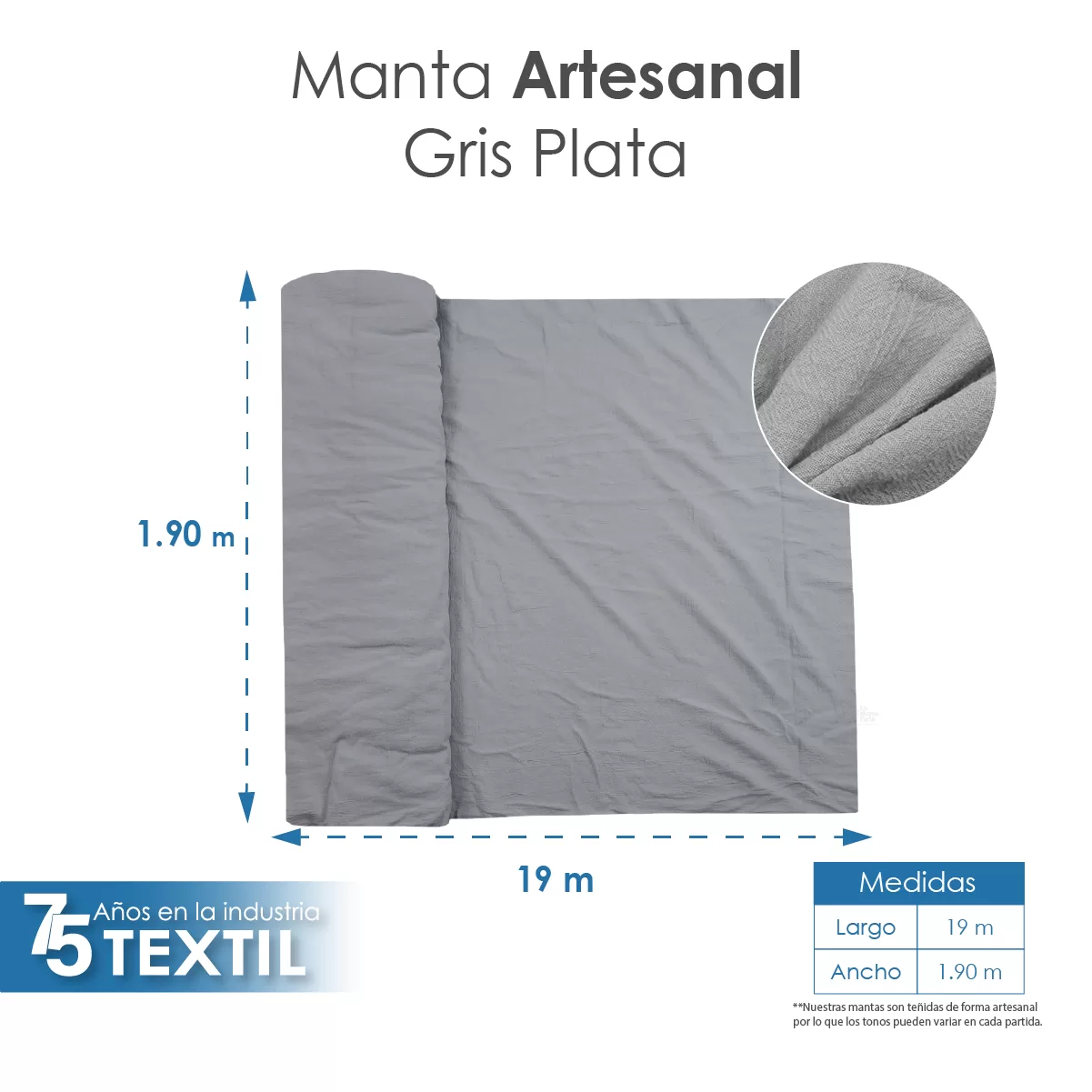 Manta Artesanal 1.90 M ancho Gris Plata: imagen 2