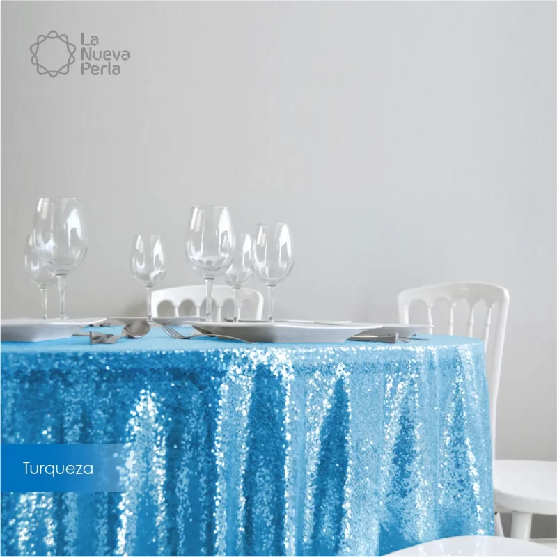 Mantel Redondo Tela Lentejuela 2.90 D Azul Turquesa