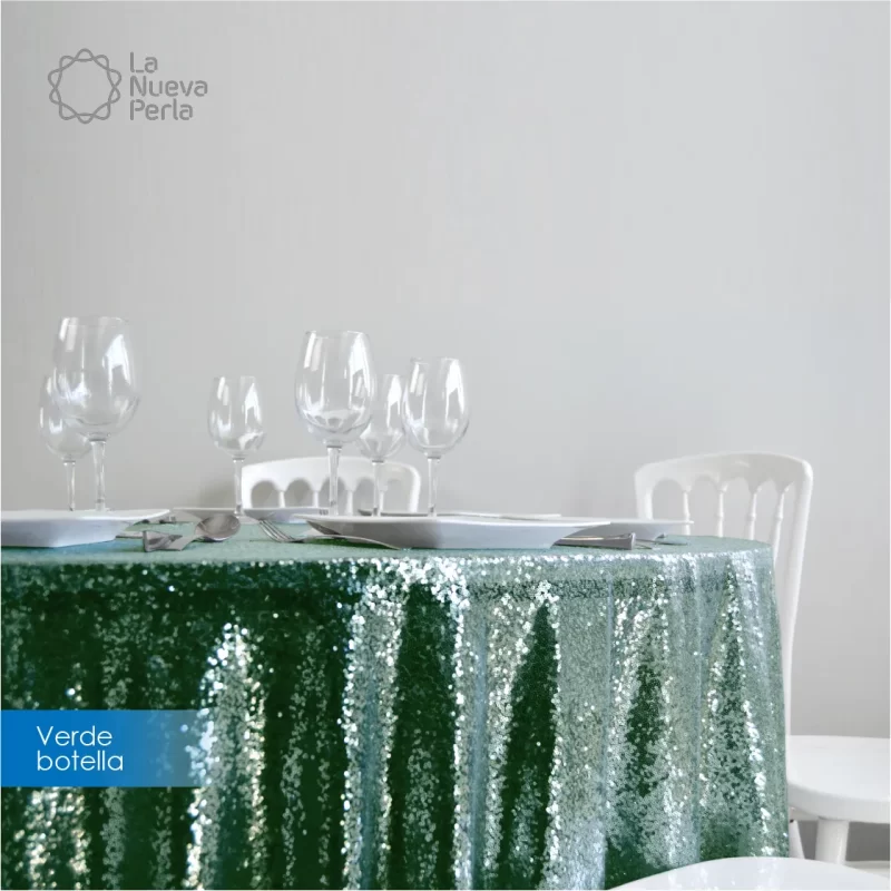 Mantel Redondo Tela Lentejuela 2.90 D Verde Botella