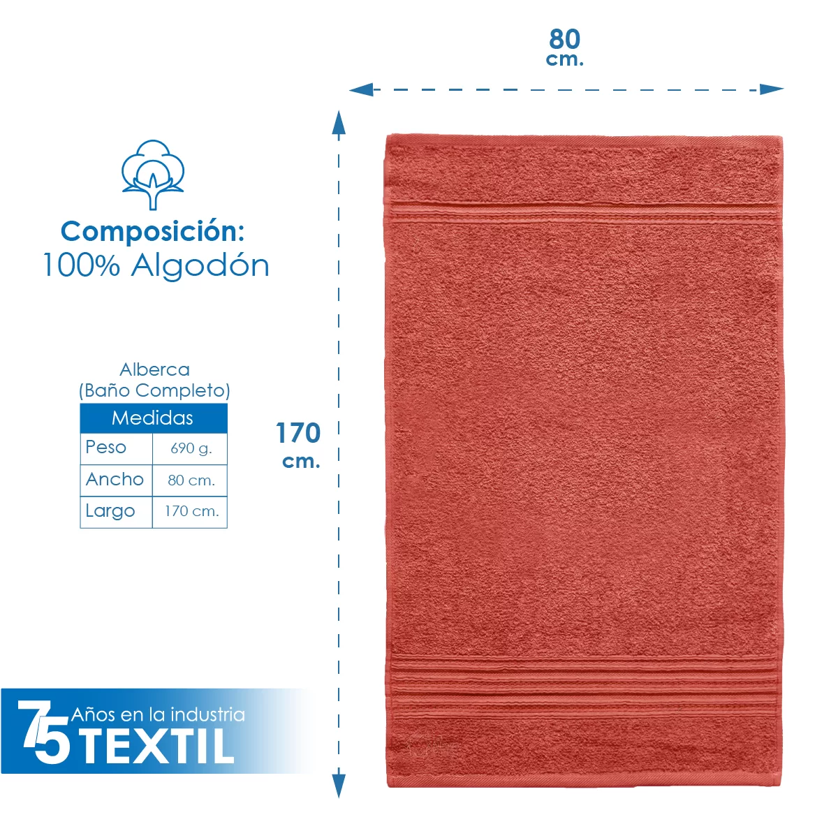 Toalla Fiore Baño Completo Salmon 170 x 80 cm 690 g: imagen 2
