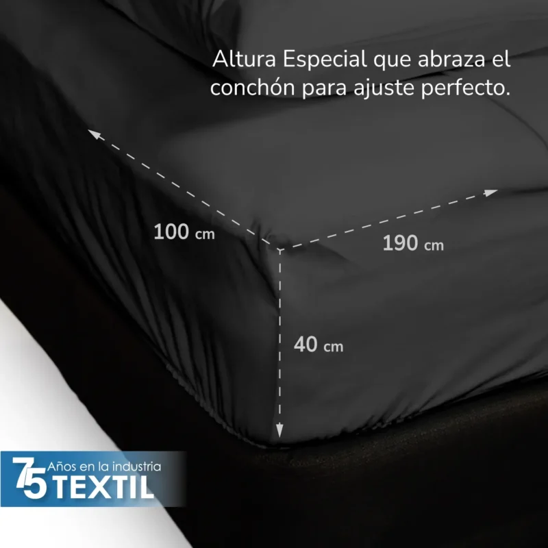 Sábana Cajón Manta Negro Individual Colchón Alto 100 x 190 x 40 cm