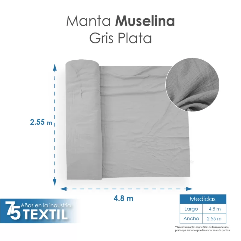 Manta Muselina 2.55 M ancho Gris Plata