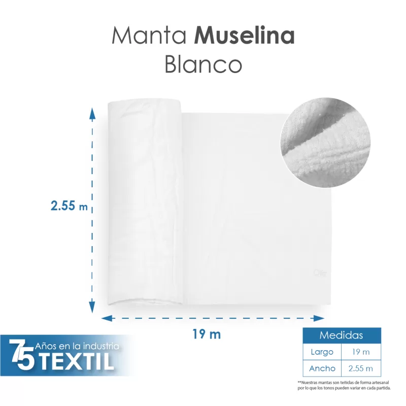 Manta Muselina 2.55 M ancho Blanqueada