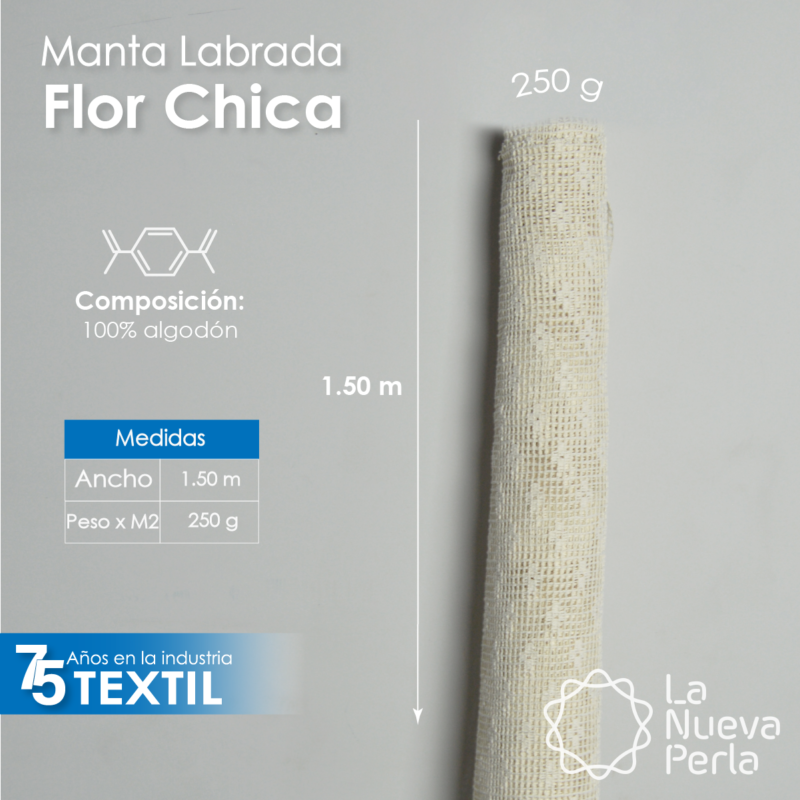 Manta Labrada Flor Chica 1.50 M ancho 100% algodón 250 g x m2