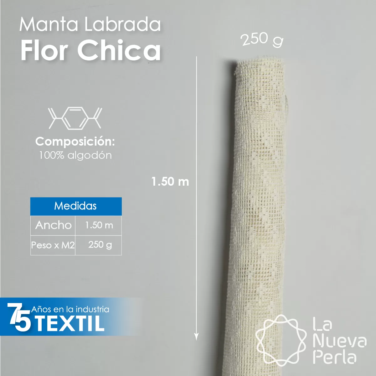 Manta Labrada Flor Chica 1.50 M ancho 100% algodón 250 g x m2: imagen 2