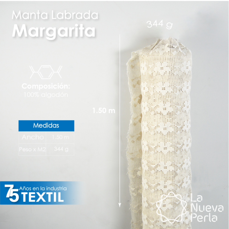 Manta Labrada Margarita 1.50 M ancho 100% algodón 344 g x m2