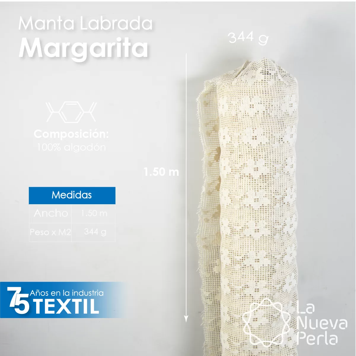 Manta Labrada Margarita 1.50 M ancho 100% algodón 344 g x m2: imagen 2