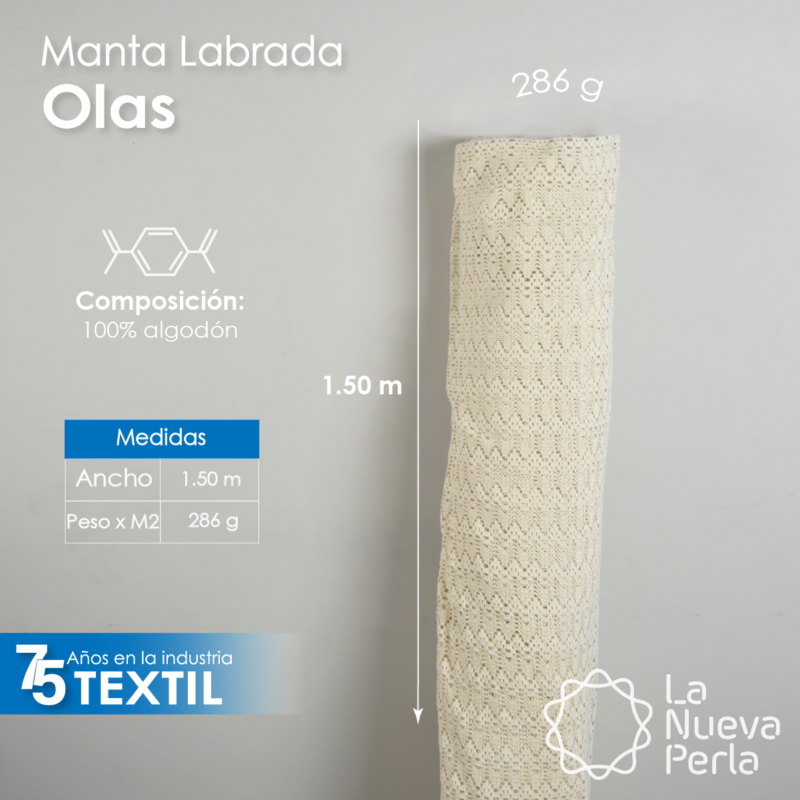 Manta Labrada Olas1.50 M ancho 100% algodón 286 g x m2