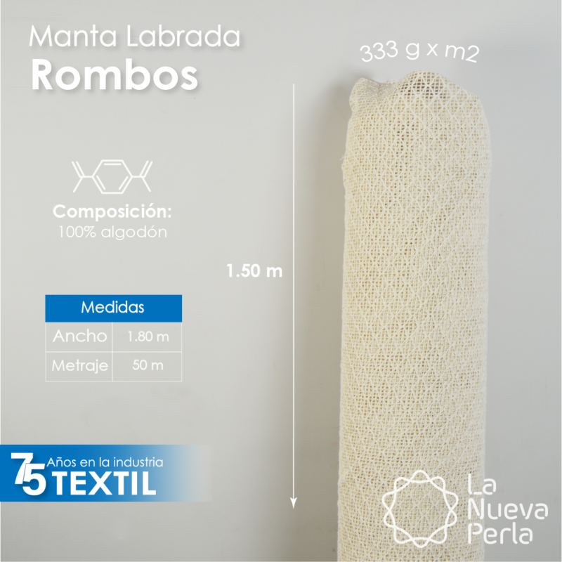 Manta Labrada Rombos 1.50 M ancho 100% algodón 333 g x m2