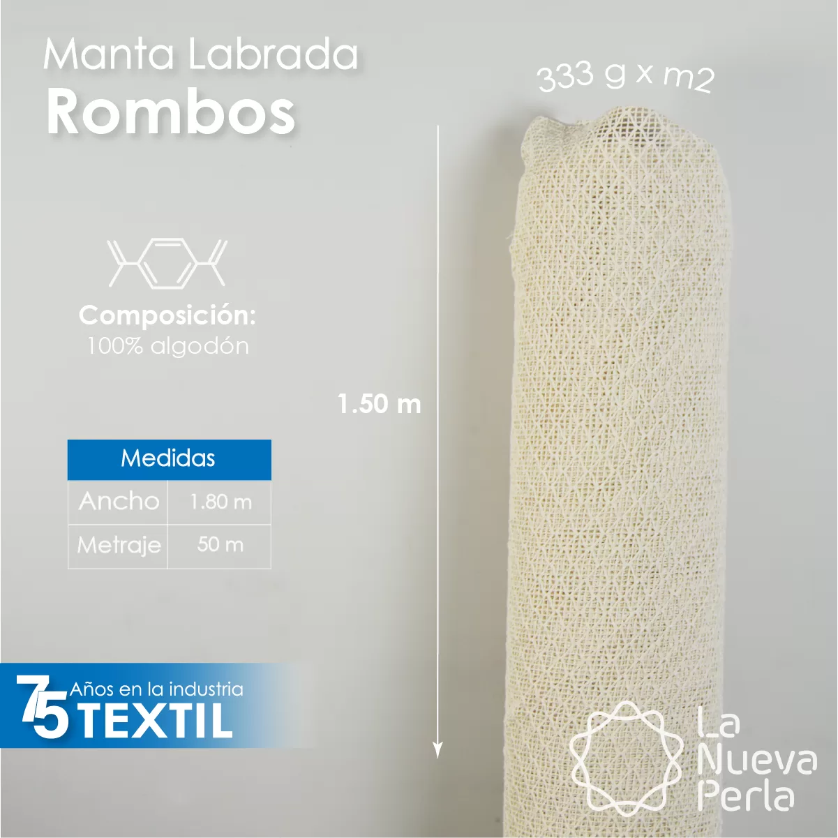 Manta Labrada Rombos 1.50 M ancho 100% algodón 333 g x m2: imagen 2