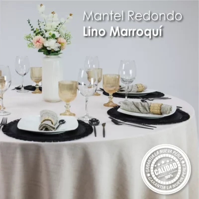 Mantel Redondo Lino Marroquí Arena Caribe 100% Poliéster: imagen 4