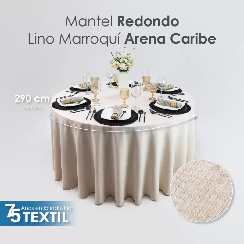 Mantel Redondo Lino Marroquí Arena Caribe 100% Poliéster