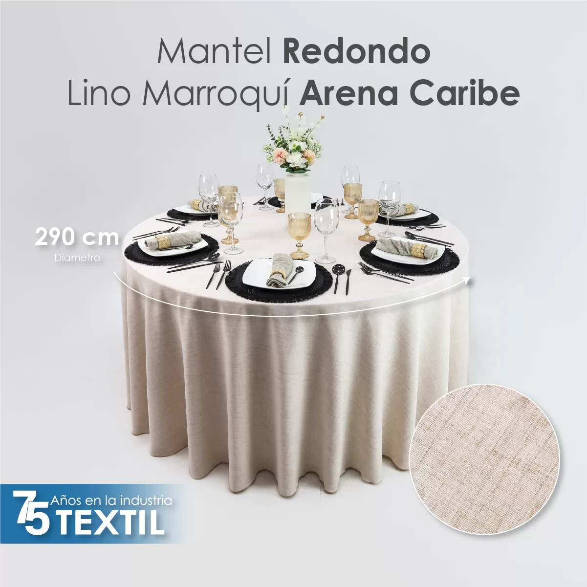 Mantel Redondo Lino Marroquí Arena Caribe 100% Poliéster: imagen 2