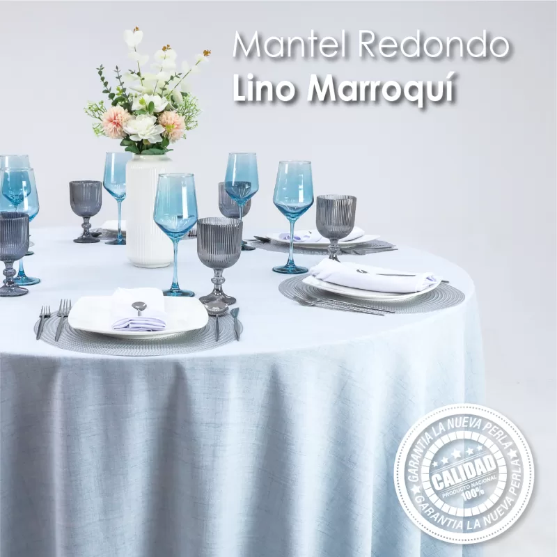 Mantel Redondo Lino Marroquí Celeste 100% Poliéster