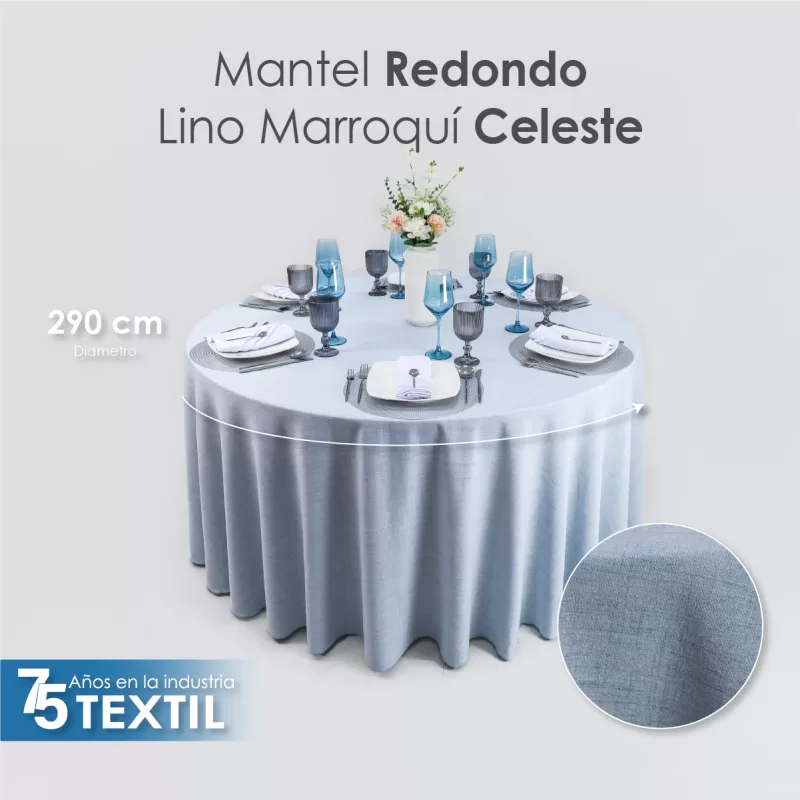 Mantel Redondo Lino Marroquí Celeste 100% Poliéster