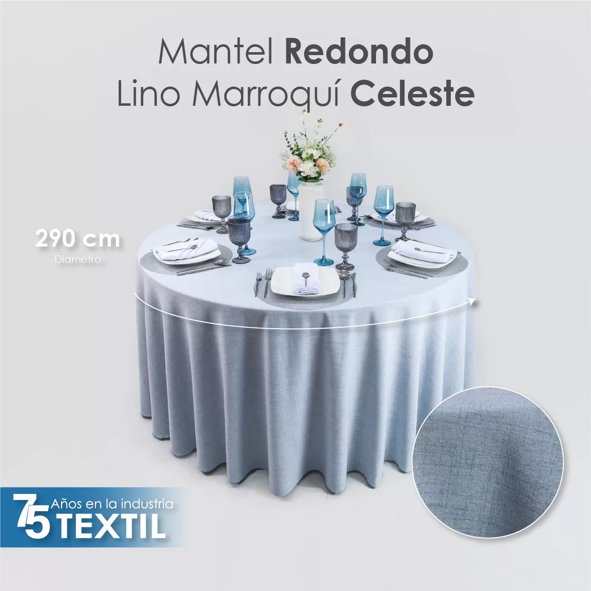 Mantel Redondo Lino Marroquí Celeste 100% Poliéster: imagen 2