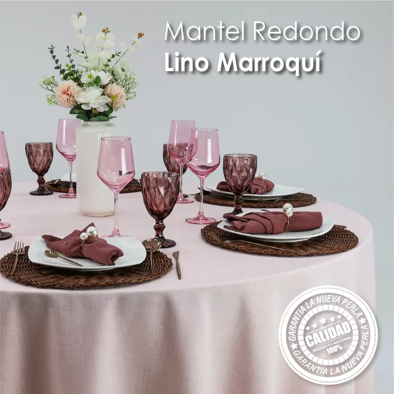 Mantel Redondo Lino Marroquí Rosa 100% Poliéster
