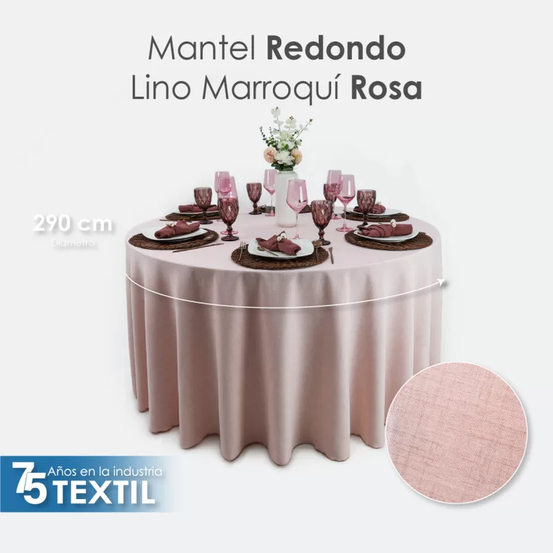 Mantel Redondo Lino Marroquí Rosa 100% Poliéster
