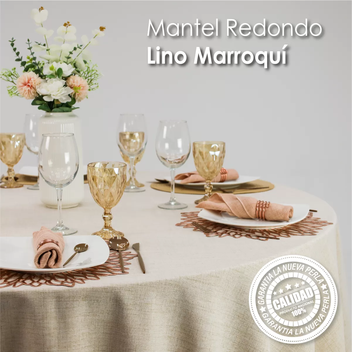 Mantel Redondo Lino Marroquí Arena 100% Poliéster: imagen 4