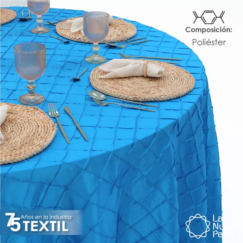 Mantel Redondo Tafeta Bordada 2.90 Diámetro Azul Turqueza