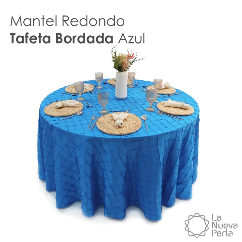 Mantel Redondo Tafeta Bordada 2.90 Diámetro Azul Turqueza