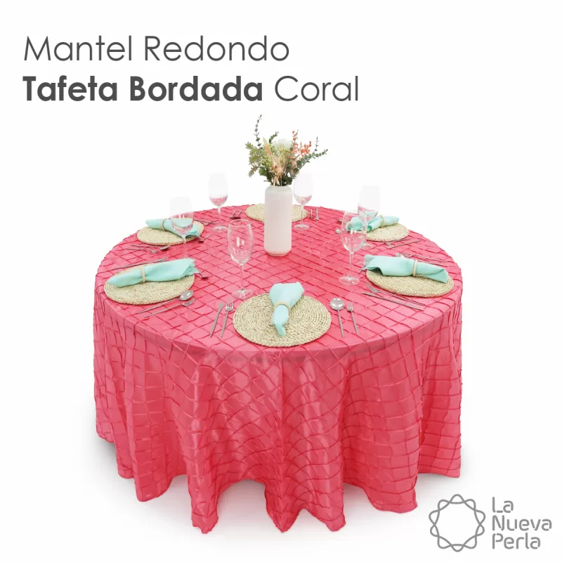 Mantel Redondo Tafeta Bordada 2.90 Diámetro Coral