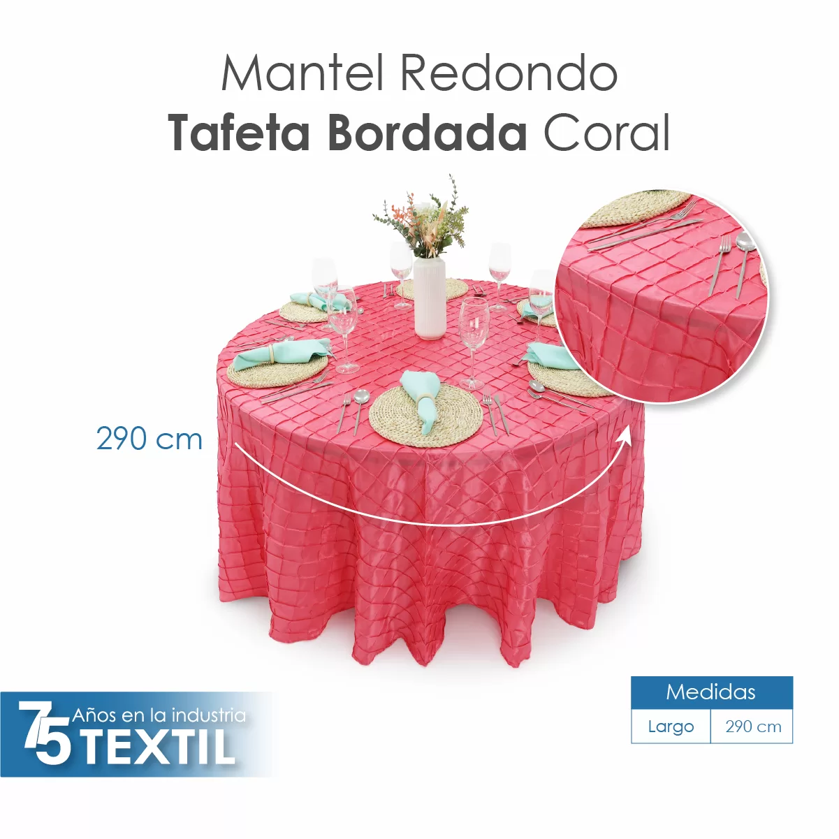 Mantel Redondo Tafeta Bordada 2.90 Diámetro Coral: imagen 2
