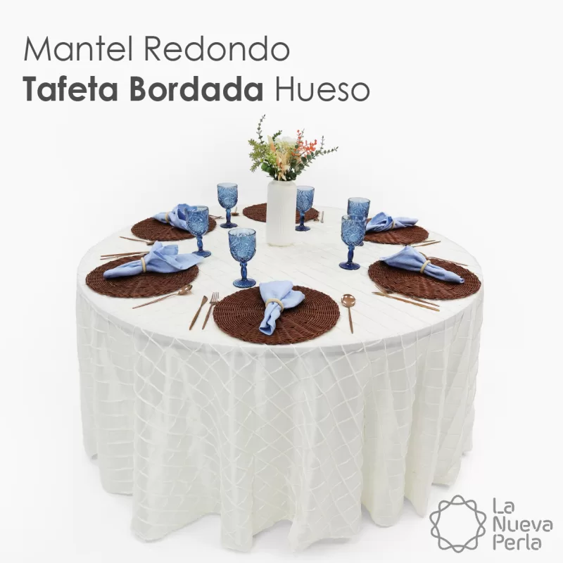 Mantel Redondo Tafeta Bordada 2.90 Diámetro Hueso