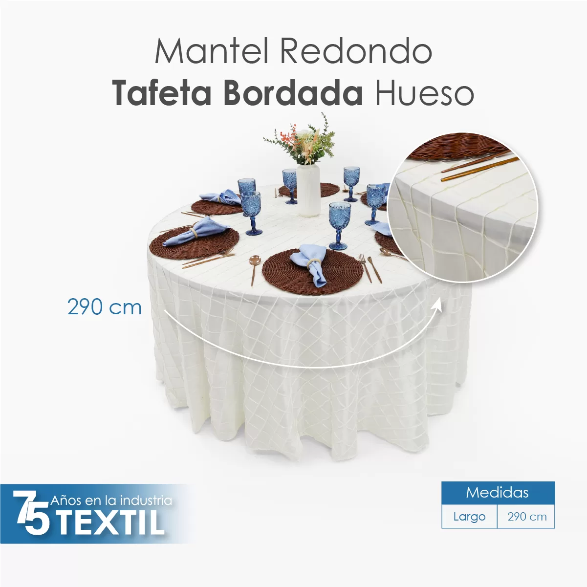 Mantel Redondo Tafeta Bordada 2.90 Diámetro Hueso: imagen 2