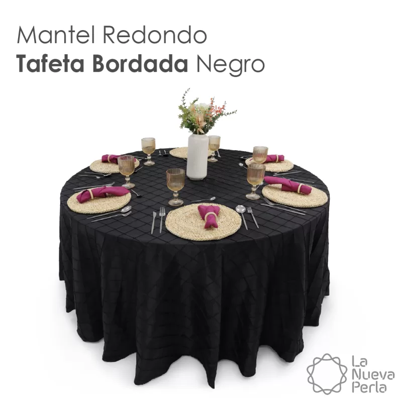 Mantel Redondo Tafeta Bordada 2.90 Diámetro Negro
