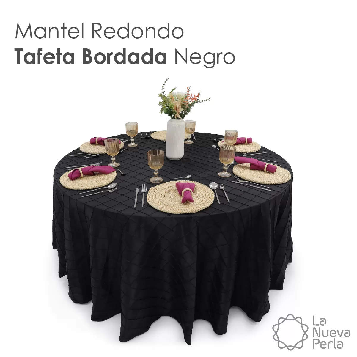 Mantel Redondo Tafeta Bordada 2.90 Diámetro Negro: imagen 5