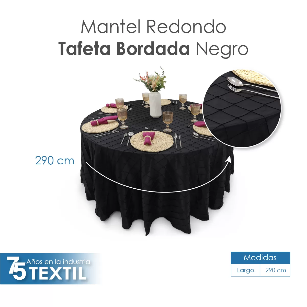 Mantel Redondo Tafeta Bordada 2.90 Diámetro Negro: imagen 2