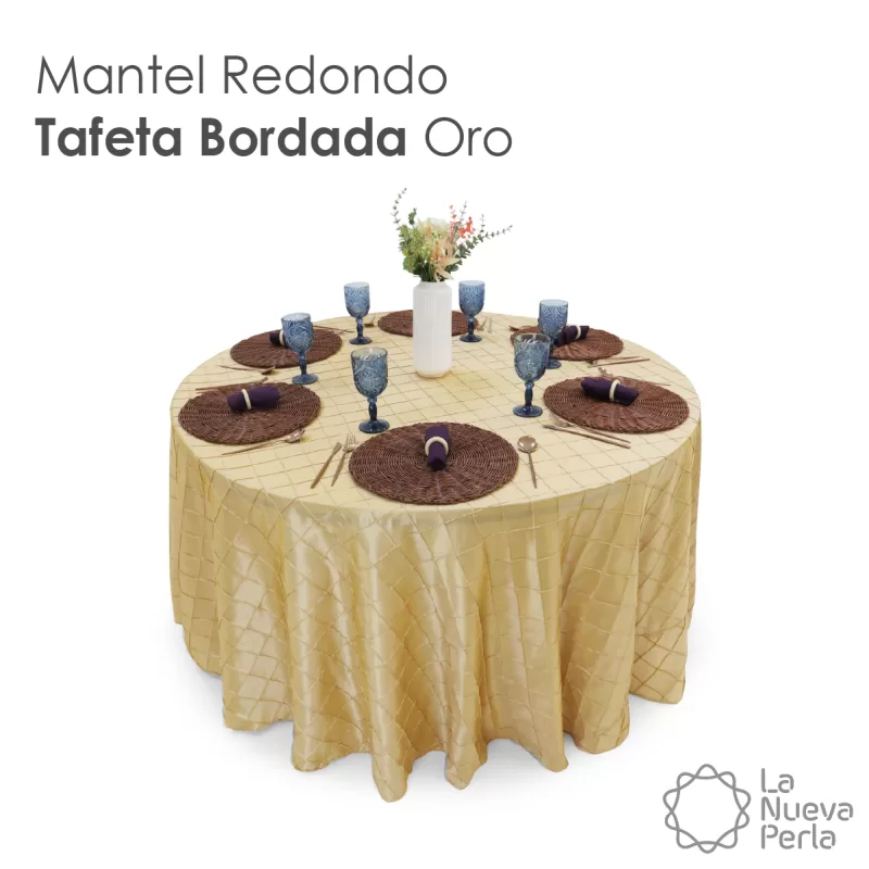 Mantel Redondo Tafeta Bordada 2.90 Diámetro Oro