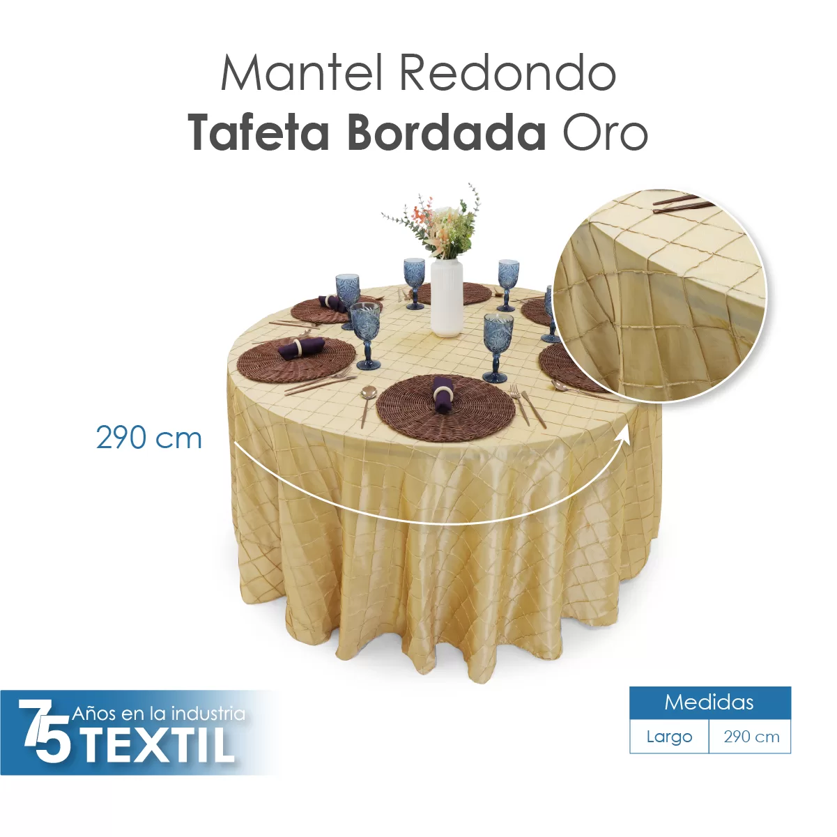 Mantel Redondo Tafeta Bordada 2.90 Diámetro Oro: imagen 2