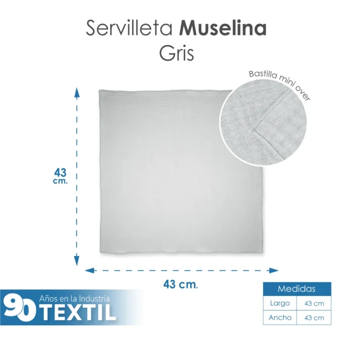 Servilleta Muselina 43x43 cm Gris