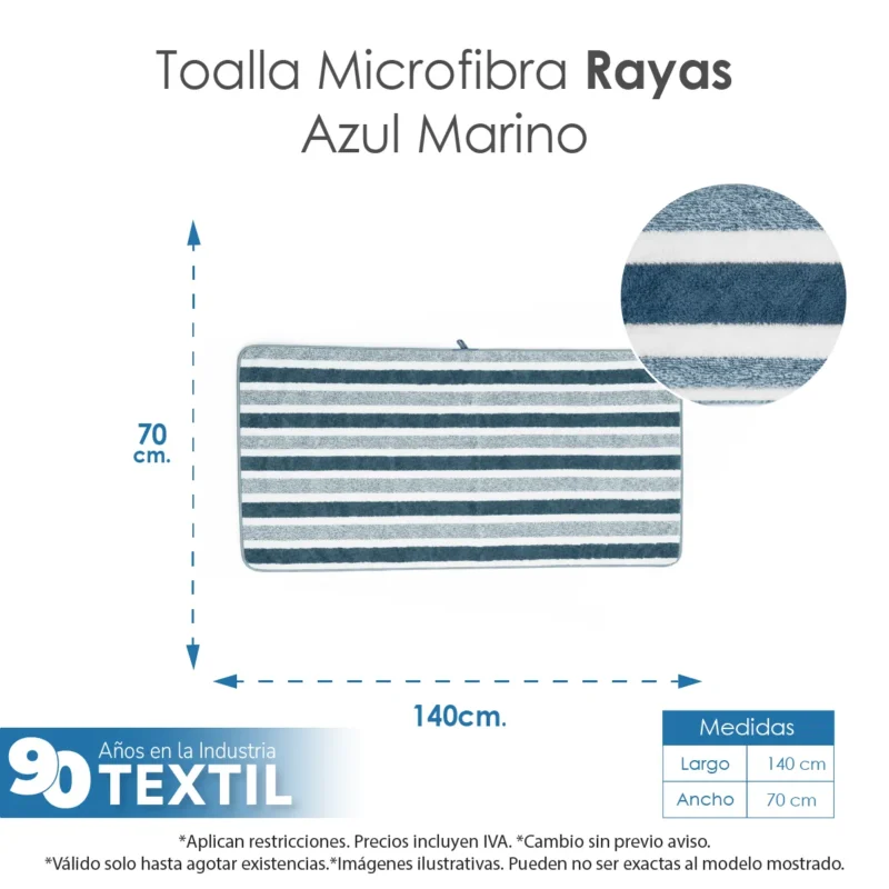 Toalla Microfibra Rayas Medio Baño 70 X140 Color Azul