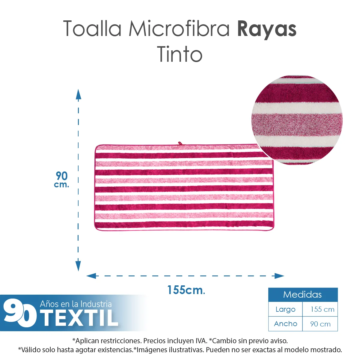 Toalla Microfibra Rayas Baño Completo 90X155 Color Tinto: imagen 2