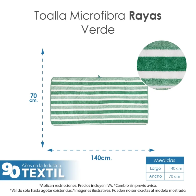 Toalla Microfibra Rayas Medio Baño 70 X 140 Color Verde
