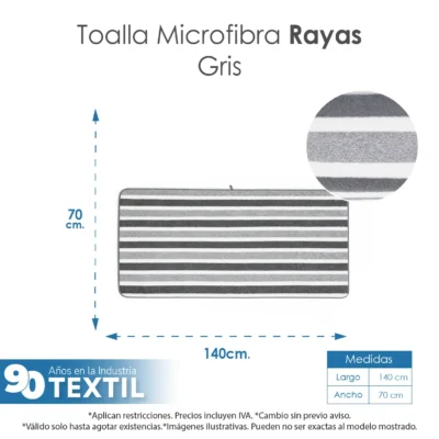 Toalla Microfibra Rayas Medio Baño 70 X 140 Color Gris: imagen 2