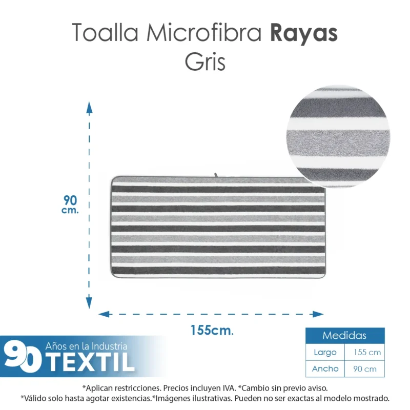 Toalla Microfibra Rayas Baño Completo 90X155 Color Gris