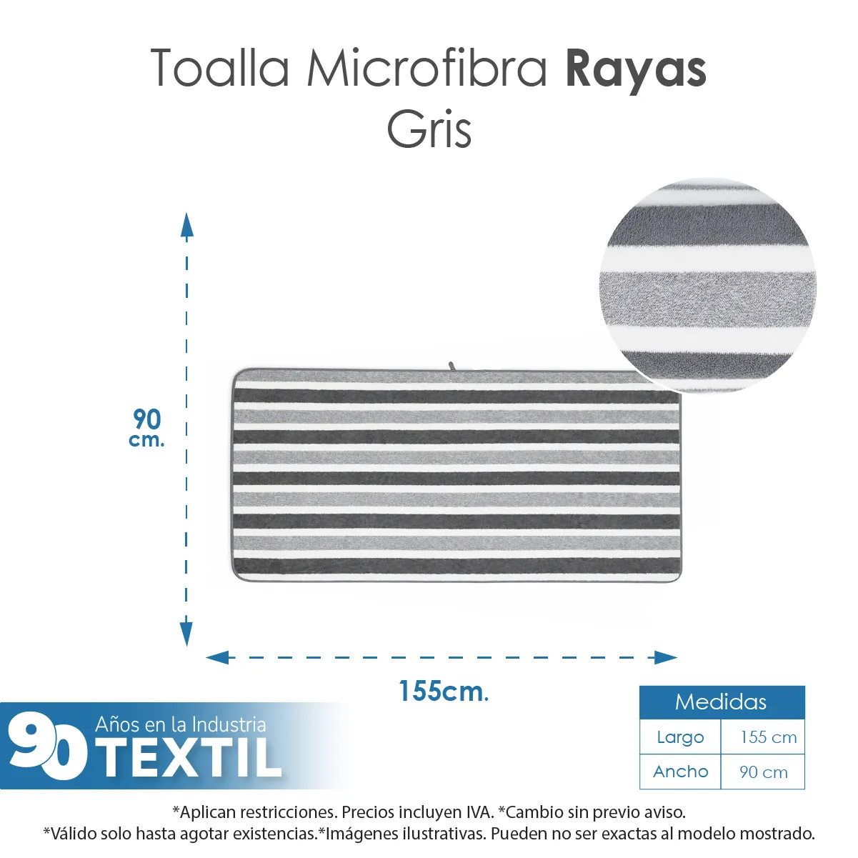 Toalla Microfibra Rayas Baño Completo 90X155 Color Gris: imagen 2